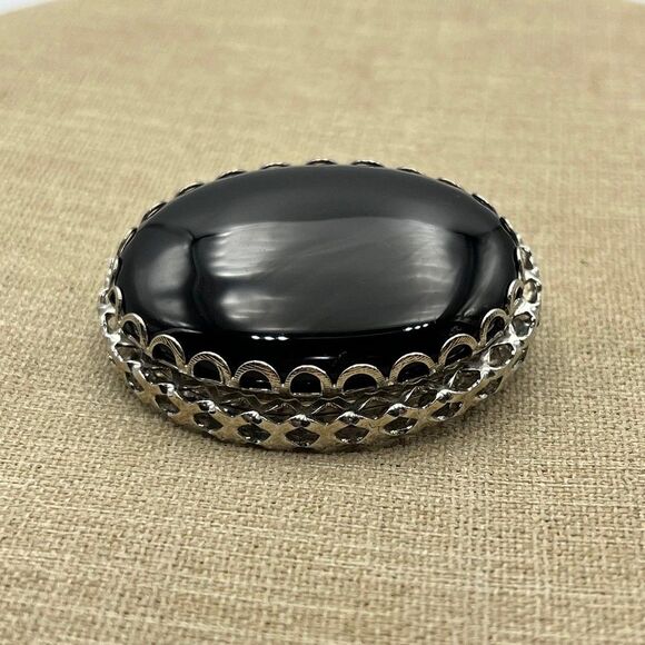 Vintage Large heavy black onyx brooch pin - Picture 9 of 10